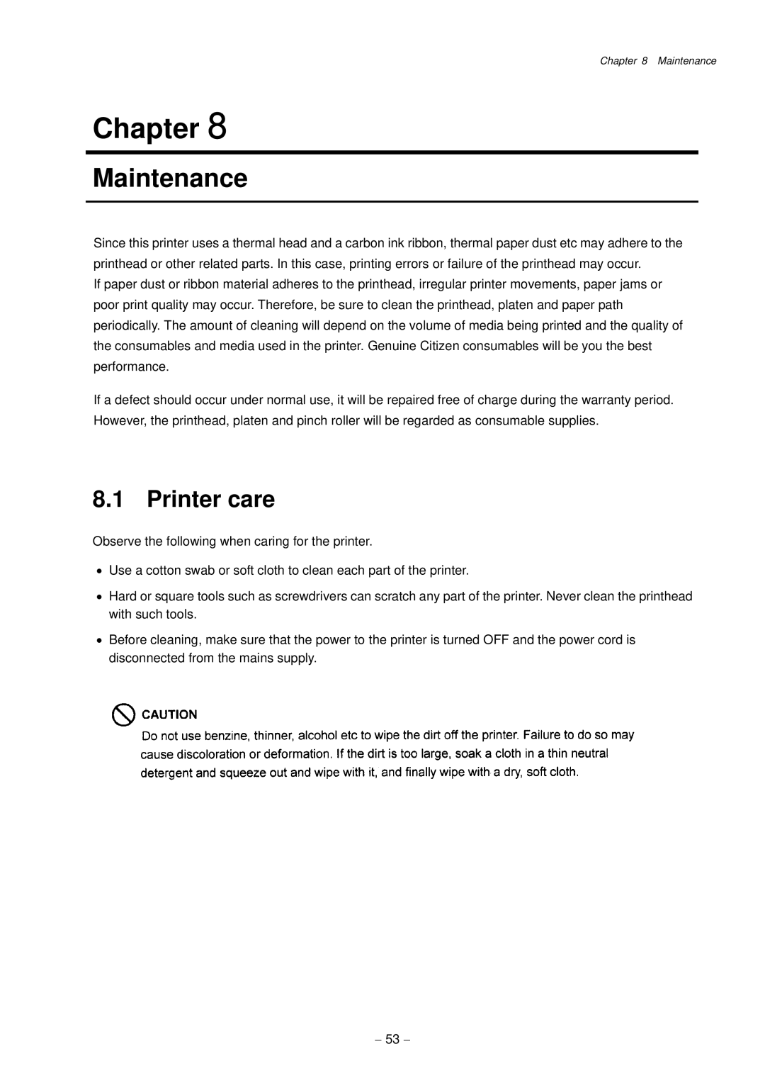 Citizen Systems CLP-9001, CLP-9301 user manual Maintenance, Printer care 