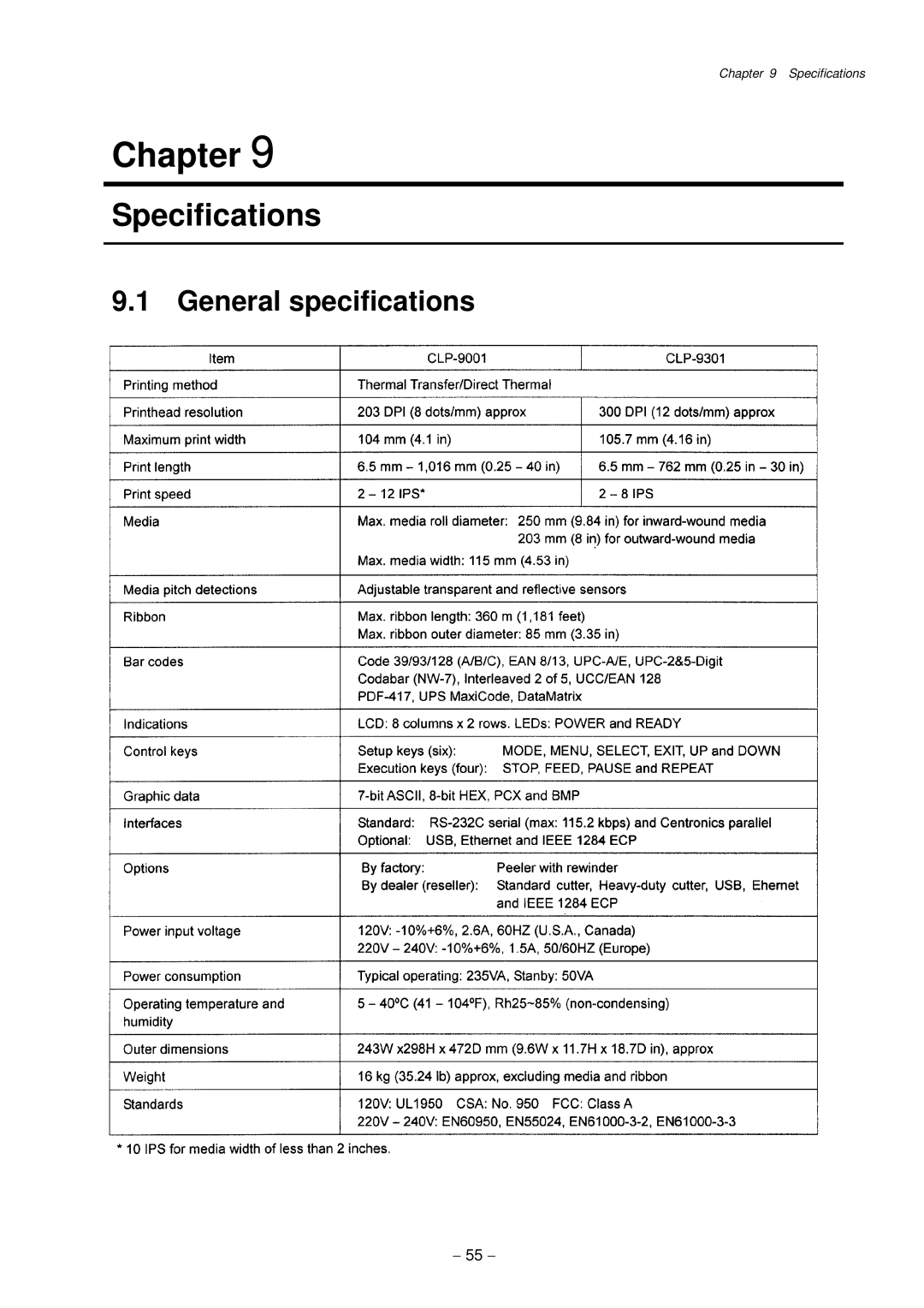 Citizen Systems CLP-9001, CLP-9301 user manual Specifications, General specifications 