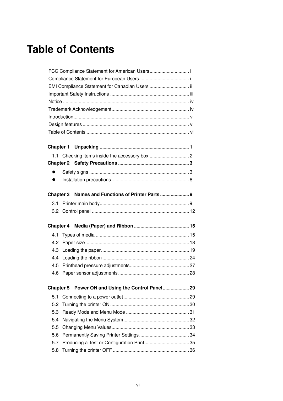 Citizen Systems CLP-9301, CLP-9001 user manual Table of Contents 