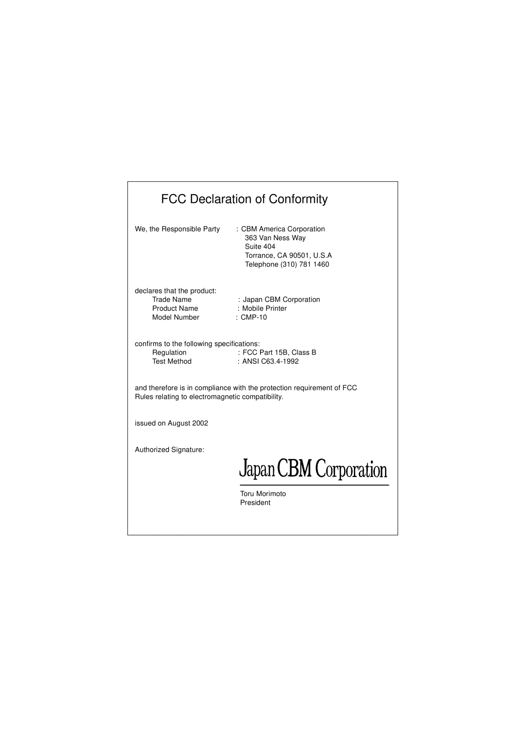 Citizen Systems CMP-10 manual FCC Declaration of Conformity 