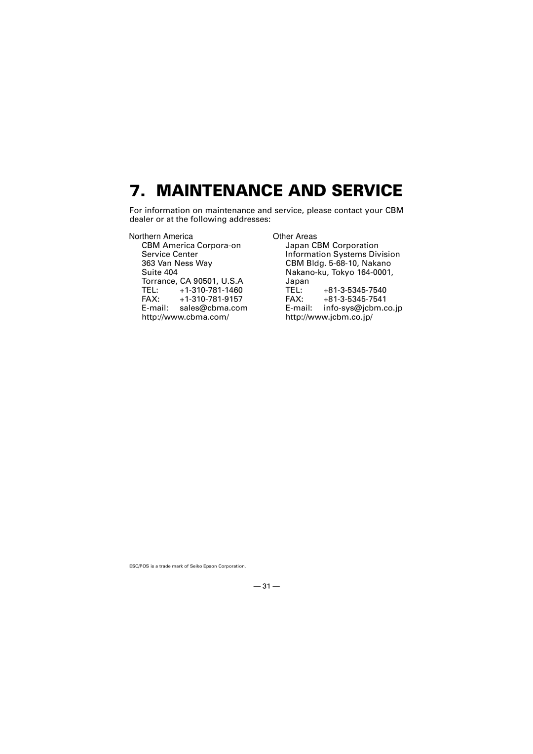 Citizen Systems CMP-10 manual Maintenance and Service, Northern America Other Areas 