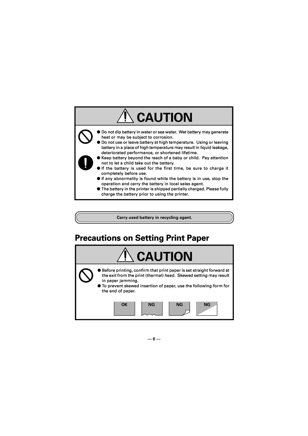 Citizen Systems CMP-10 manual Precautions on Setting Print Paper, Carry used battery in recycling agent, Ngng 