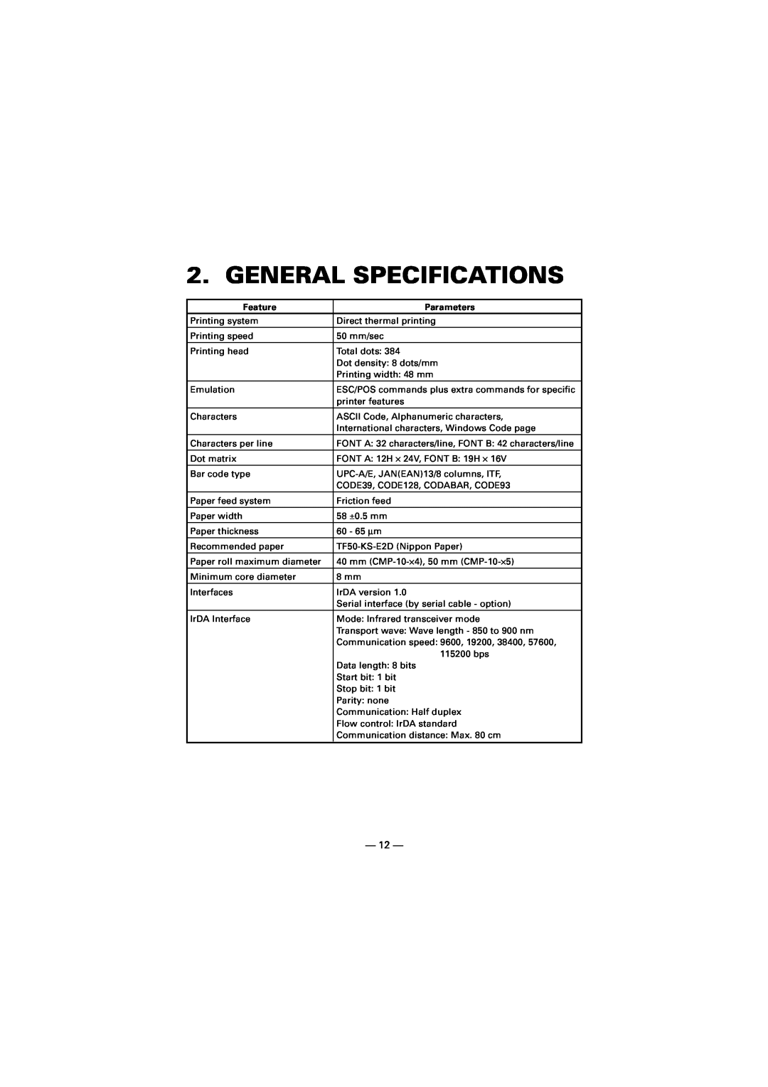 Citizen Systems CMP-10 manual General Specifications, Feature, Parameters 