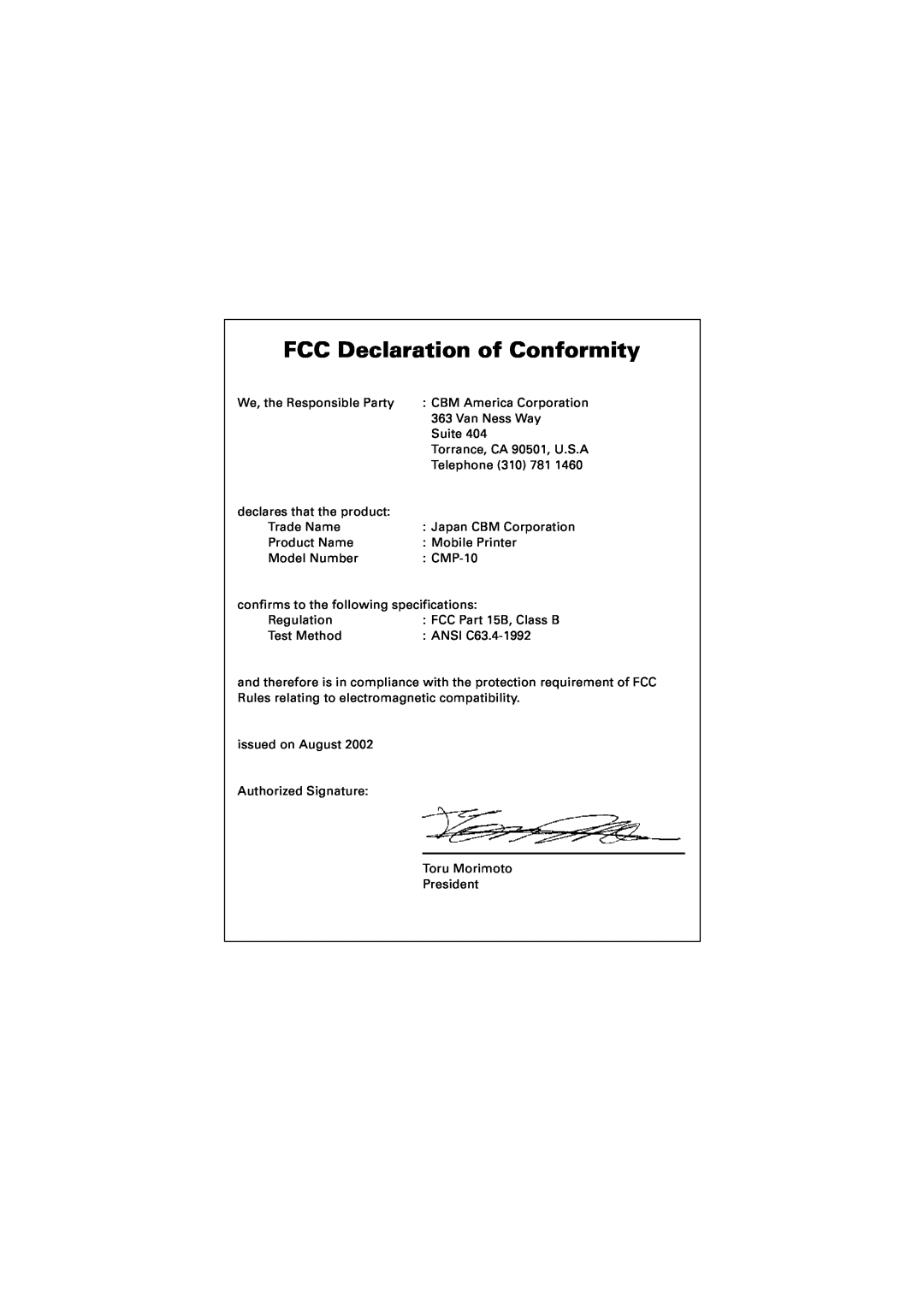 Citizen Systems CMP-10 manual FCC Declaration of Conformity 