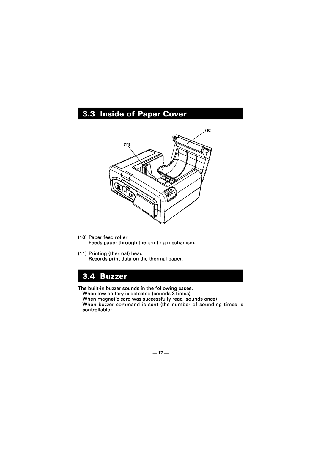 Citizen Systems CMP-10 manual Inside of Paper Cover, Buzzer, Paper feed roller Feeds paper through the printing mechanism 