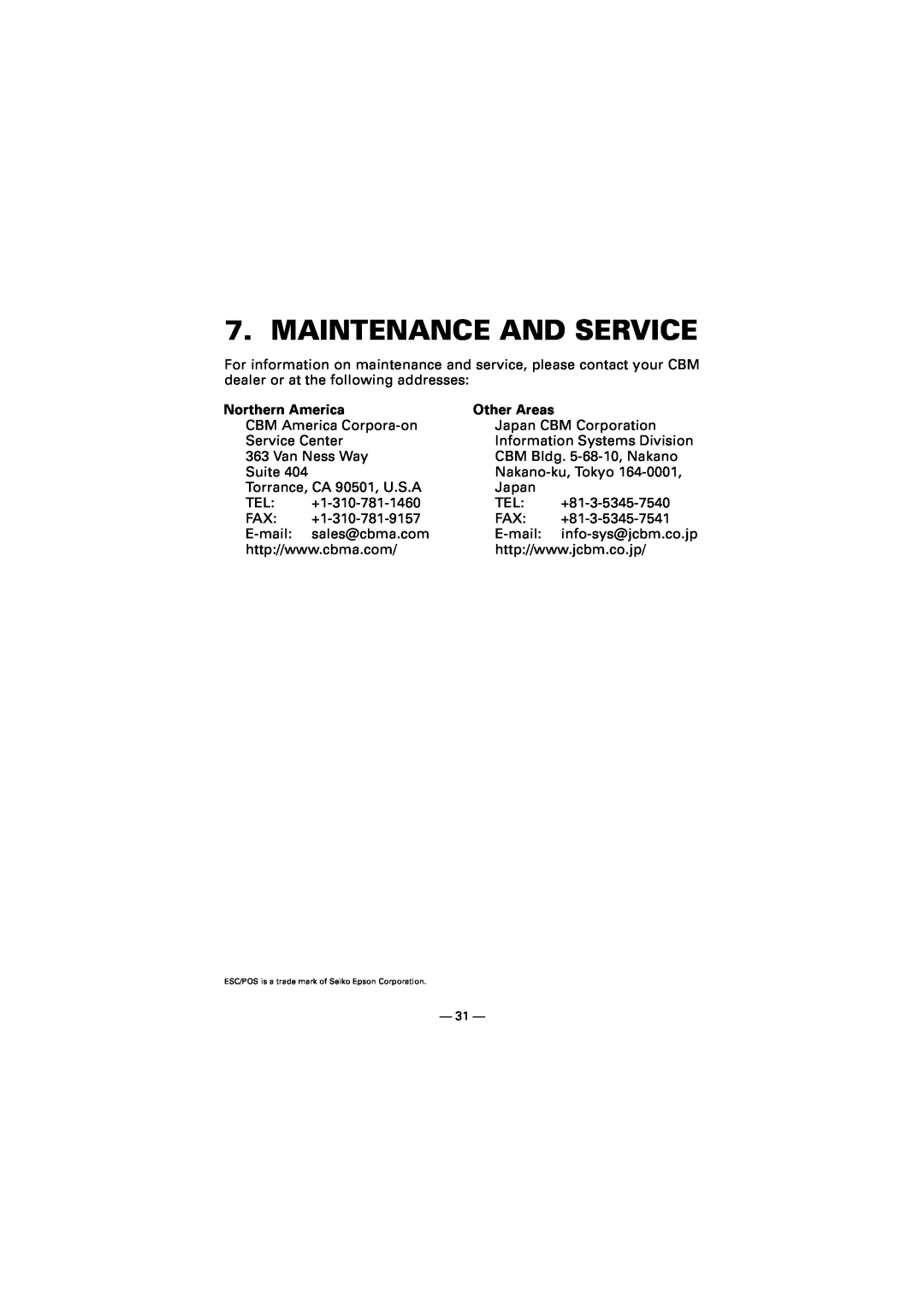 Citizen Systems CMP-10 manual Maintenance And Service, Northern America, Other Areas 