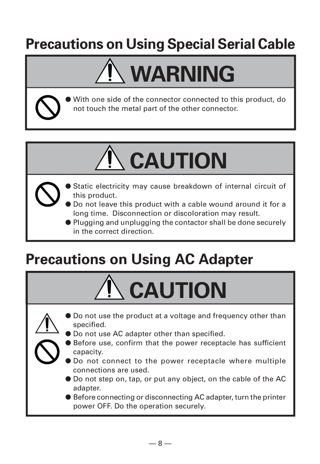 Citizen Systems CMP-10BT user manual Precautions on Using Special Serial Cable, Precautions on Using AC Adapter 