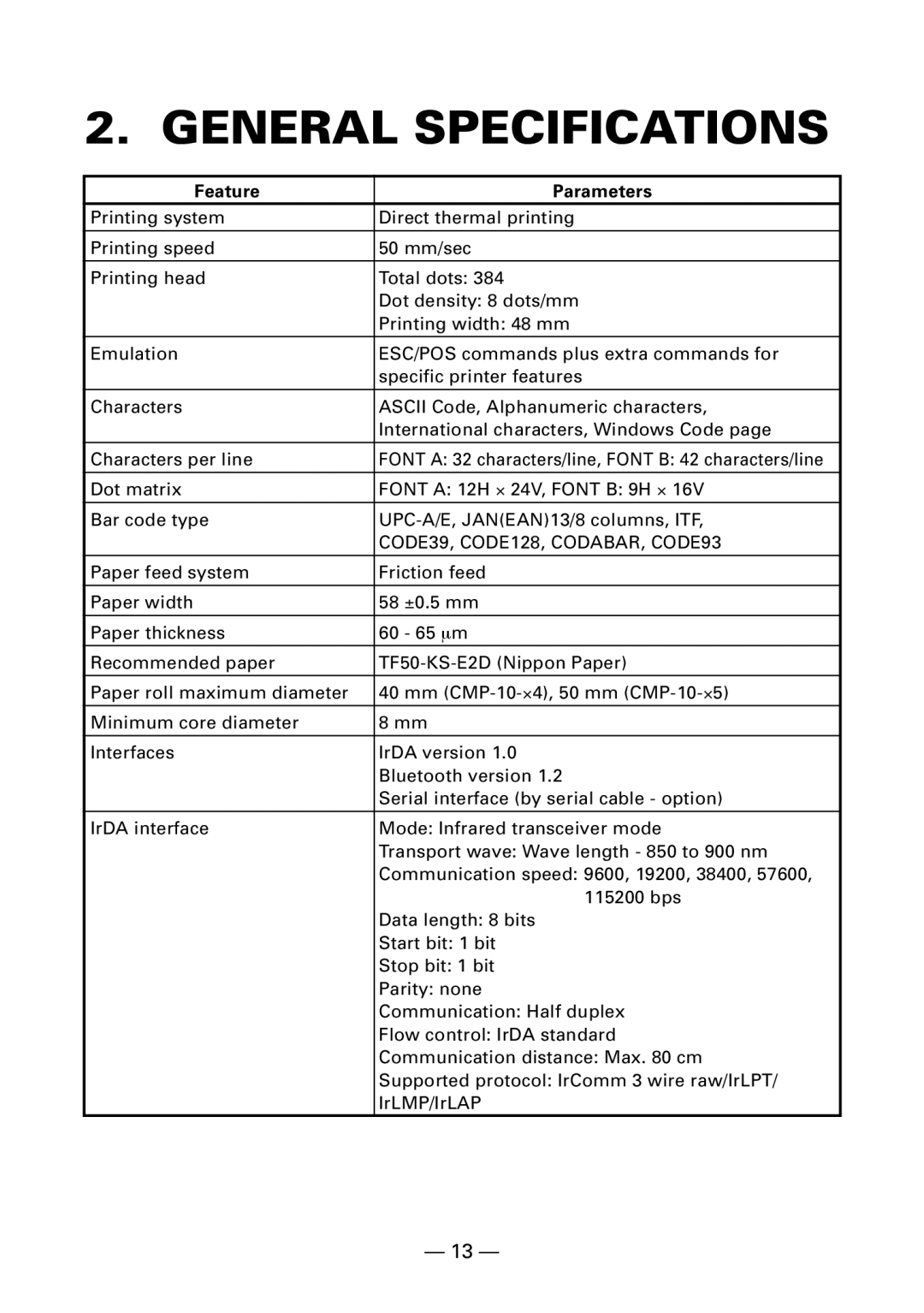 Citizen Systems CMP-10BT user manual General Specifications, Feature Parameters 