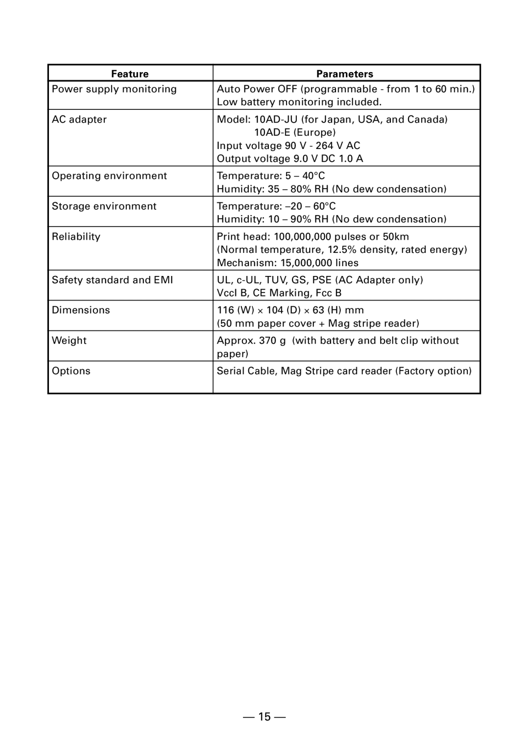 Citizen Systems CMP-10BT user manual Feature Parameters 