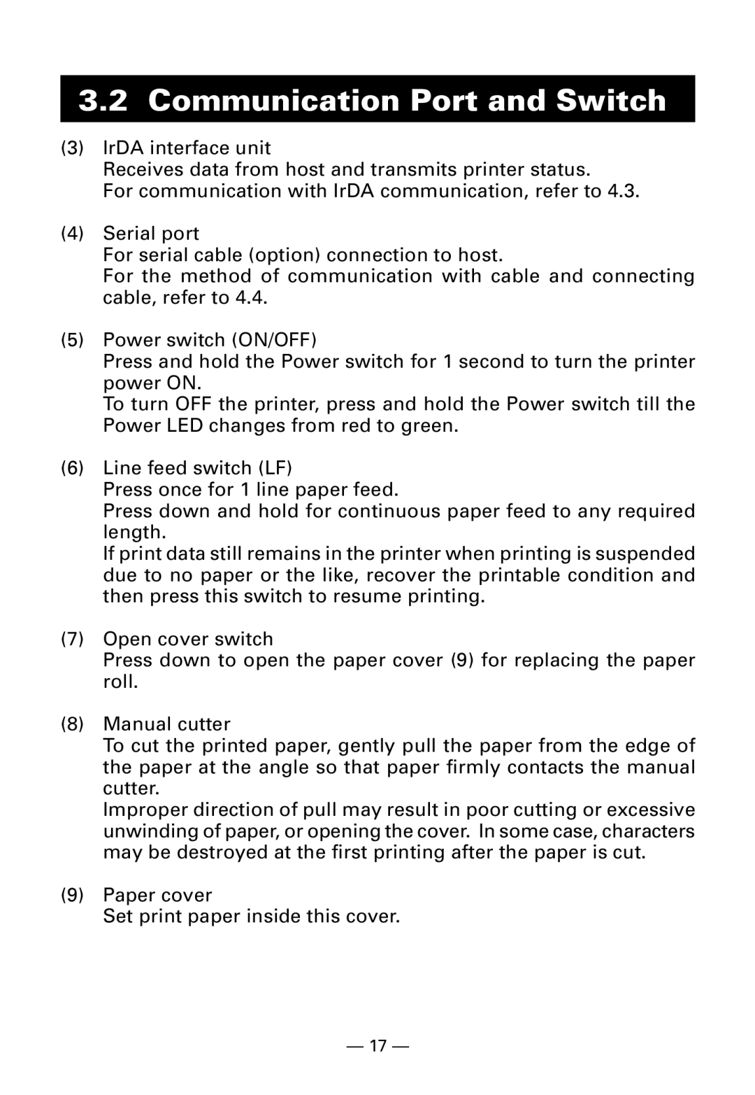 Citizen Systems CMP-10BT user manual Communication Port and Switch 