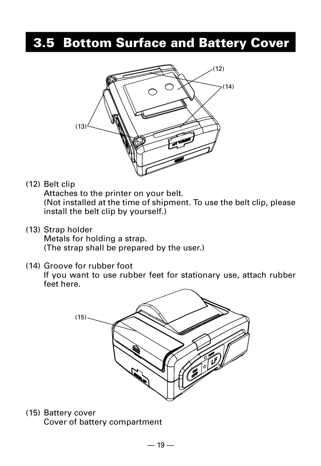 Citizen Systems CMP-10BT user manual Bottom Surface and Battery Cover 