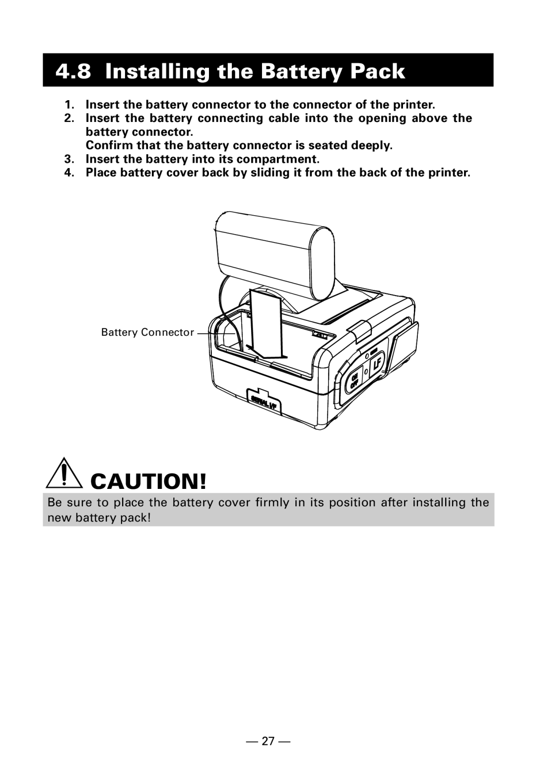 Citizen Systems CMP-10BT user manual Installing the Battery Pack 