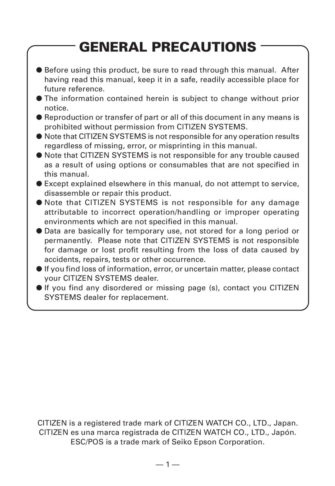 Citizen Systems CMP-10BT user manual General Precautions 