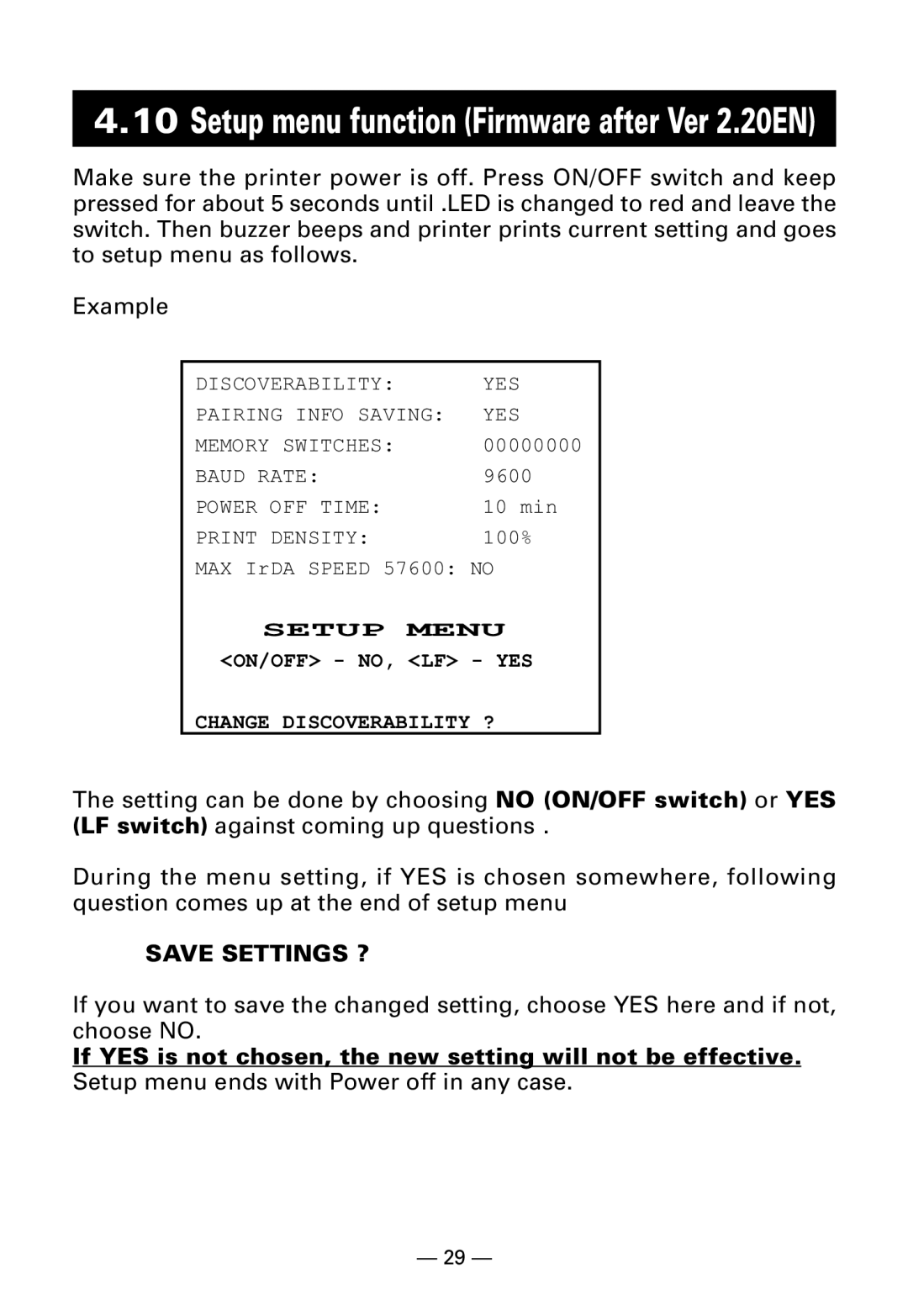 Citizen Systems CMP-10BT user manual Setup menu function Firmware after Ver 2.20EN 