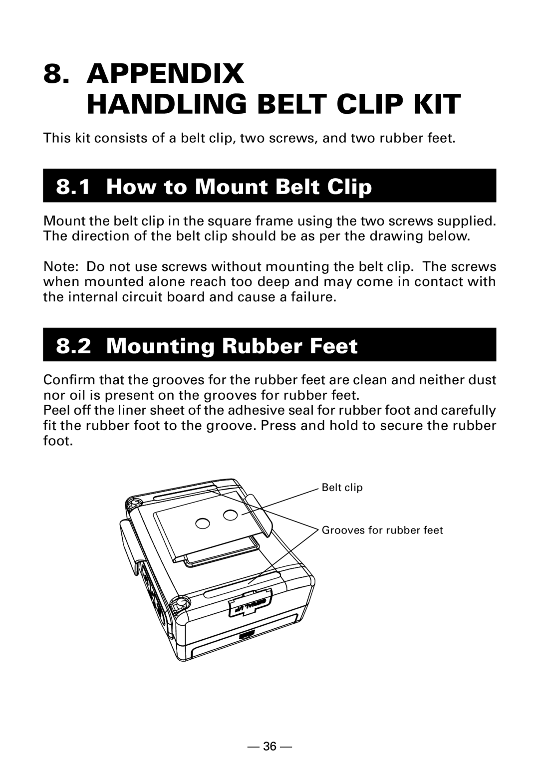 Citizen Systems CMP-10BT user manual Appendix Handling Belt Clip KIT, How to Mount Belt Clip, Mounting Rubber Feet 