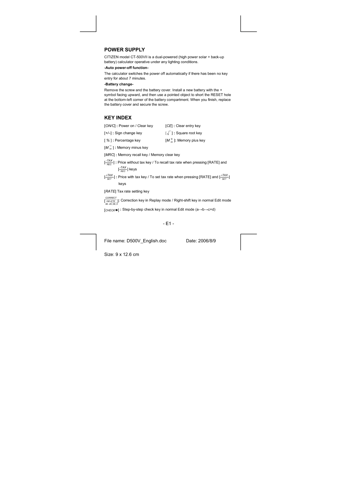 Citizen Systems CT-500VII manual Power Supply, KEY Index, File name D500VEnglish.doc Date 2006/8/9 Size 9 x 12.6 cm 