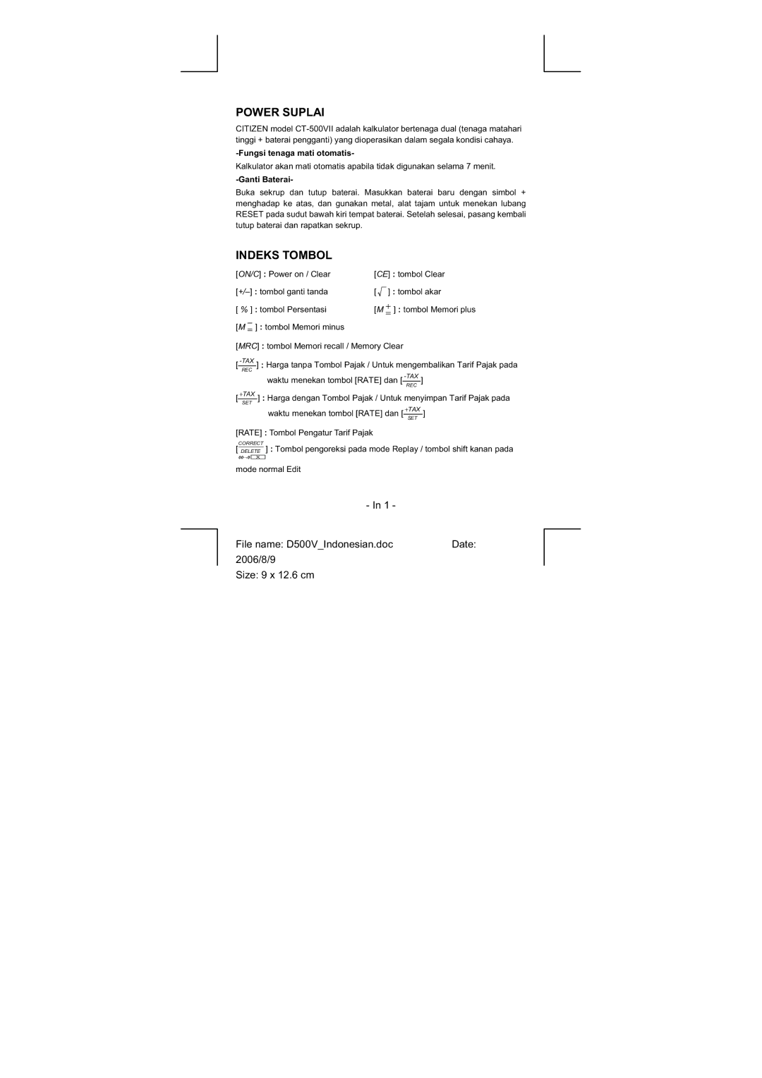Citizen Systems CT-500VII manual Power Suplai, Indeks Tombol, Fungsi tenaga mati otomatis, Ganti Baterai 