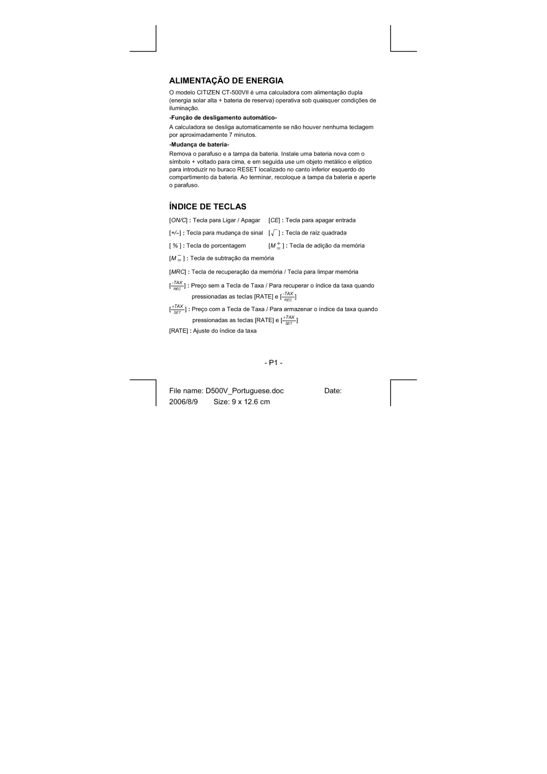 Citizen Systems CT-500VII Alimentação DE Energia, Índice DE Teclas, Função de desligamento automático, Mudança de bateria 