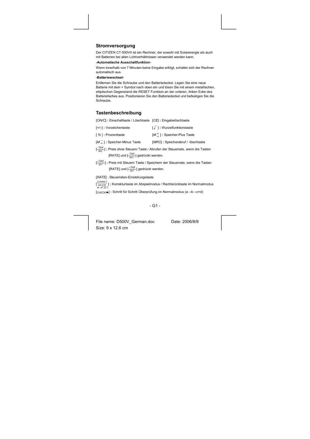 Citizen Systems CT-500VII Stromversorgung, Tastenbeschreibung, File name D500VGerman.doc Date 2006/8/9 Size 9 x 12.6 cm 