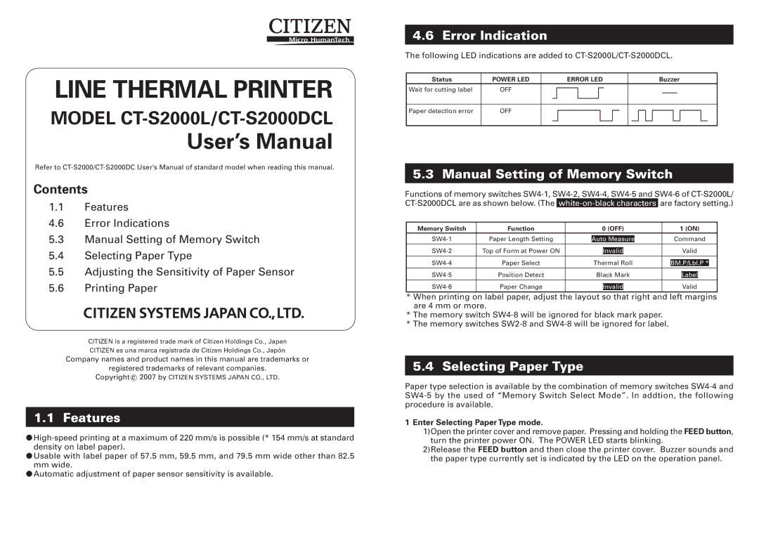 Citizen Systems CT-S2000L user manual Features, Error Indication, Manual Setting of Memory Switch, Selecting Paper Type 