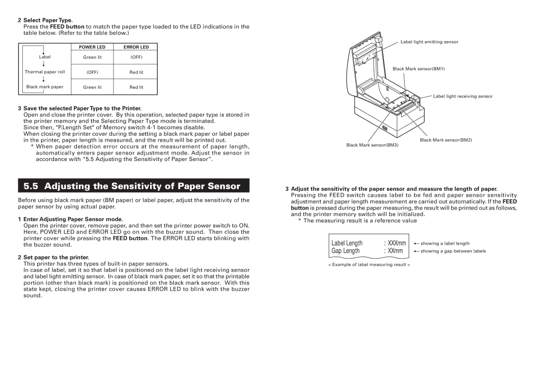 Citizen Systems CT-S2000DCL Adjusting the Sensitivity of Paper Sensor, Select Paper Type, Set paper to the printer 