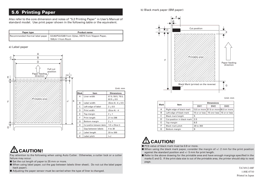 Citizen Systems CT-S2000L, CT-S2000DCL user manual Printing Paper, Paper type Product name, Mark Dimensions 