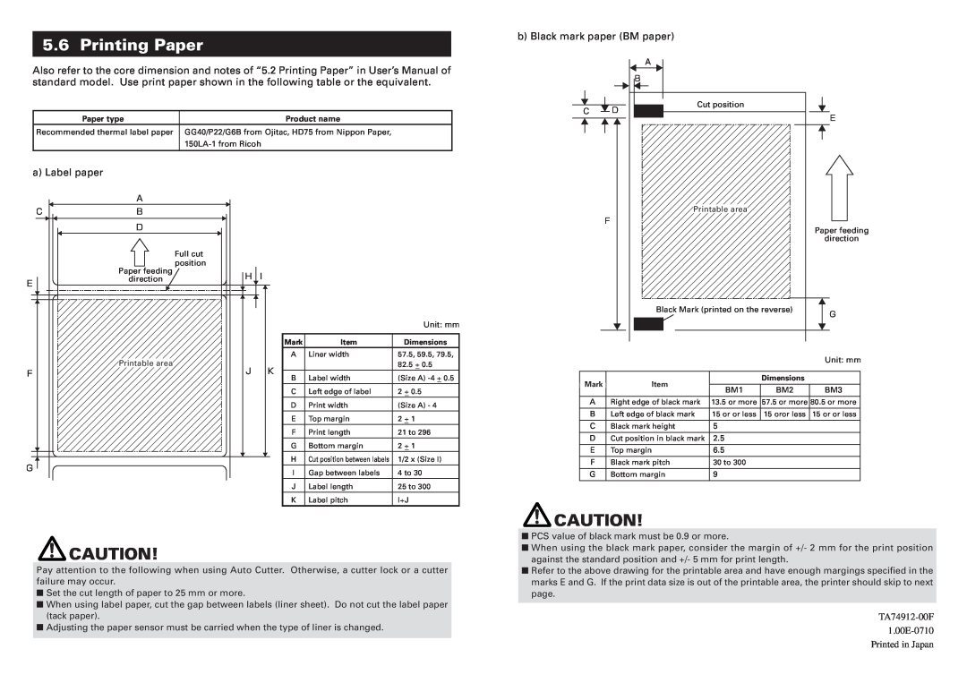 Citizen Systems CT-S2000L, CT-S2000DCL user manual Printing Paper, b Black mark paper BM paper, a Label paper 
