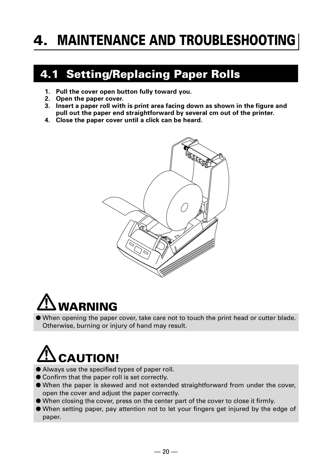 Citizen Systems CT-S280 user manual Maintenance and Troubleshooting, Setting/Replacing Paper Rolls 