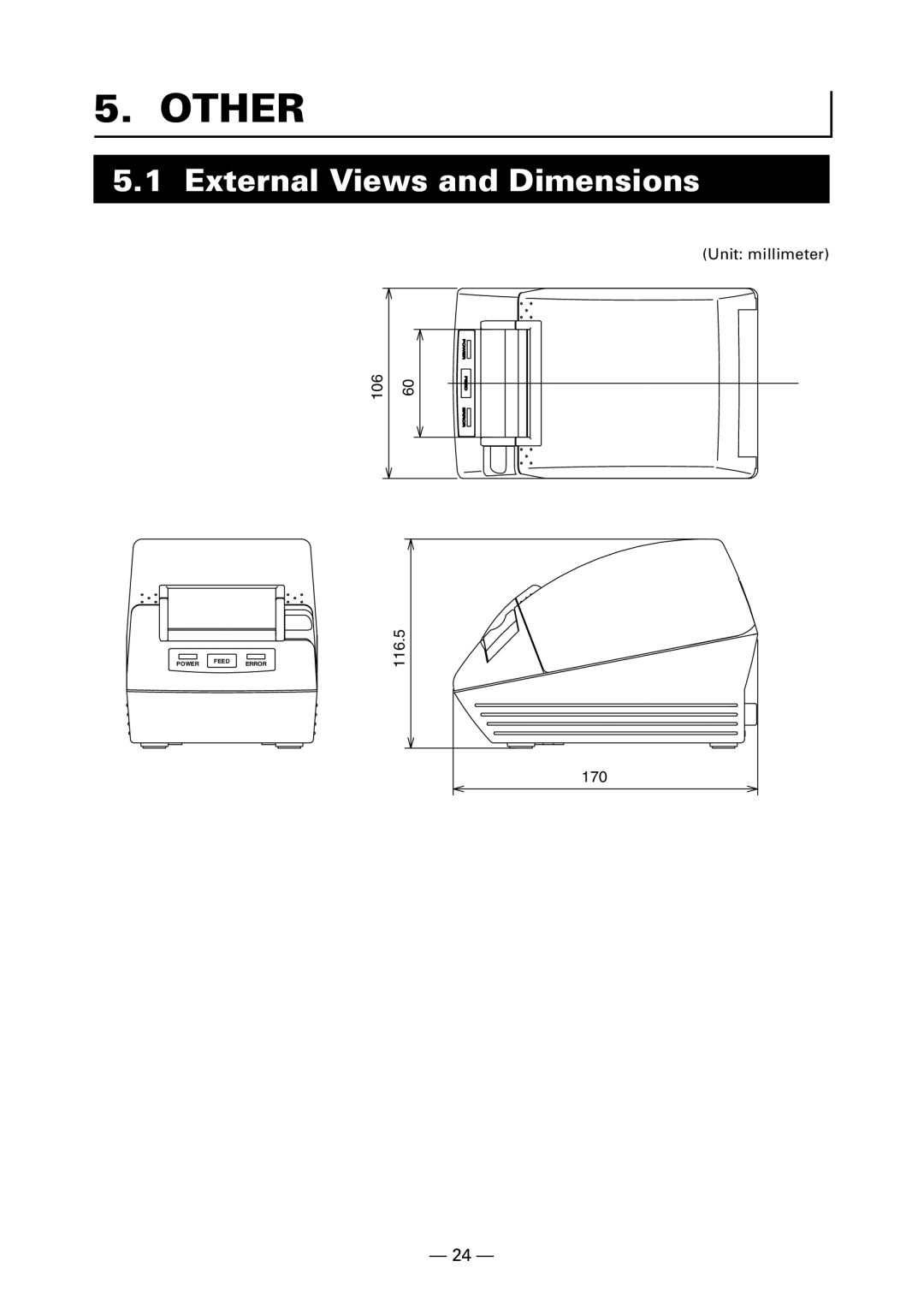 Citizen Systems CT-S280 user manual Other, External Views and Dimensions 