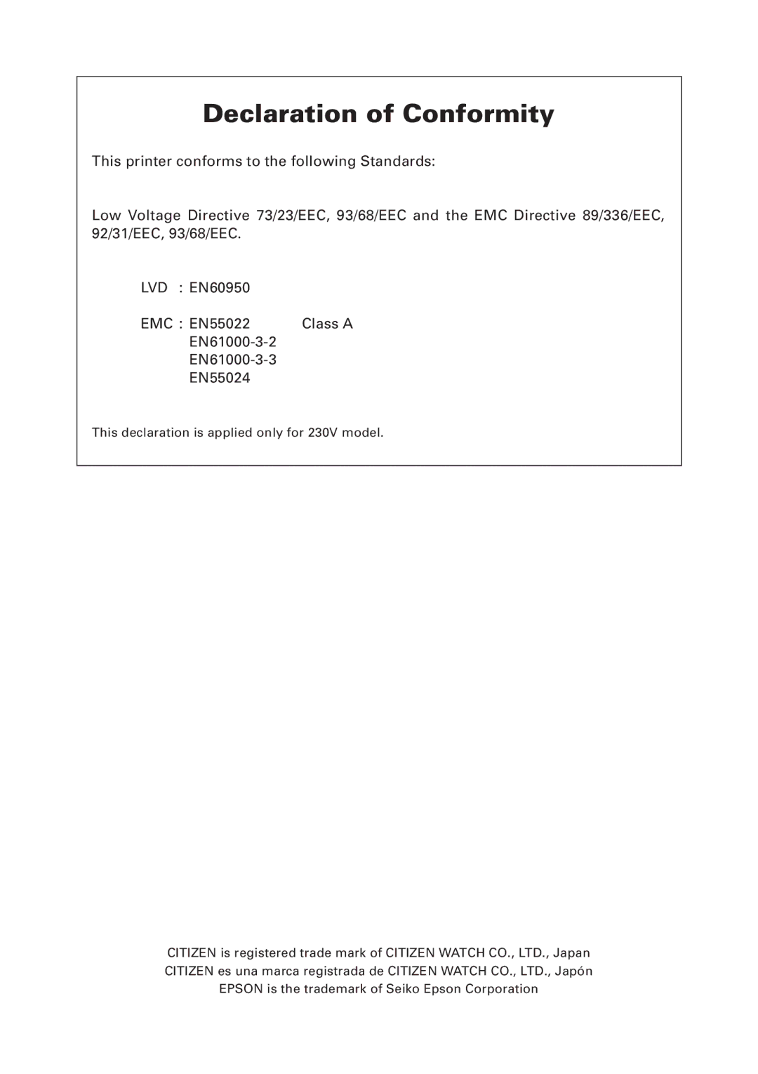 Citizen Systems CT-S280 user manual Declaration of Conformity 