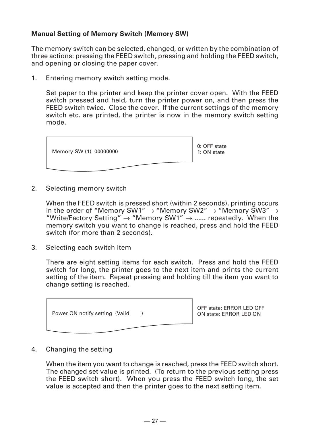 Citizen Systems CT-S280 user manual Manual Setting of Memory Switch Memory SW 