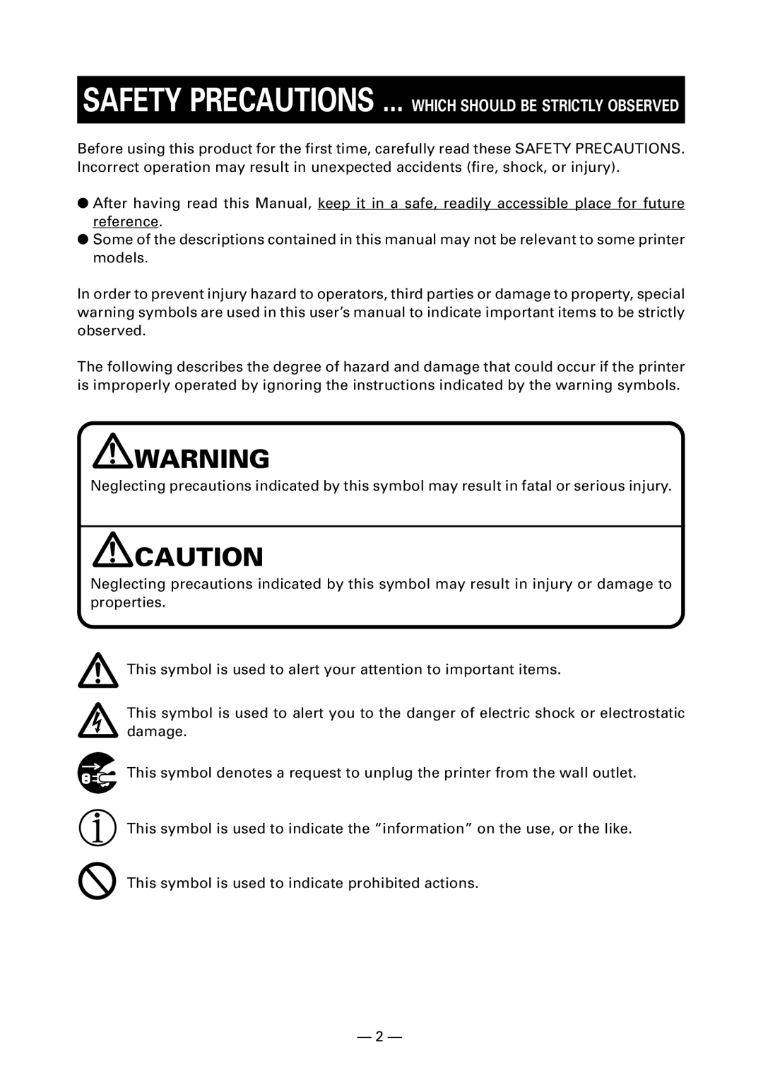 Citizen Systems CT-S280 user manual Safety Precautions ... Which should be Strictly Observed 