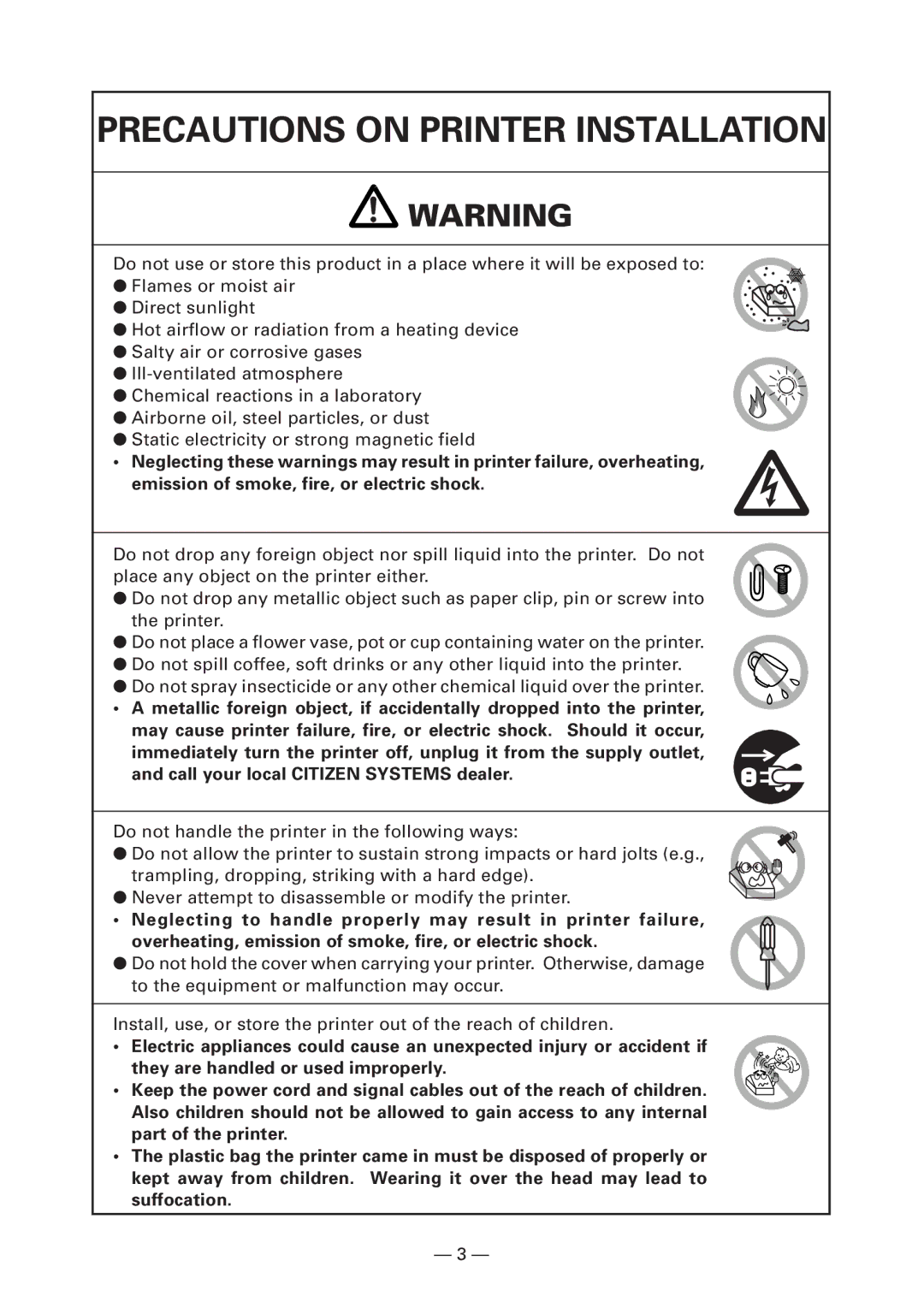 Citizen Systems CT-S280 user manual Precautions on Printer Installation 