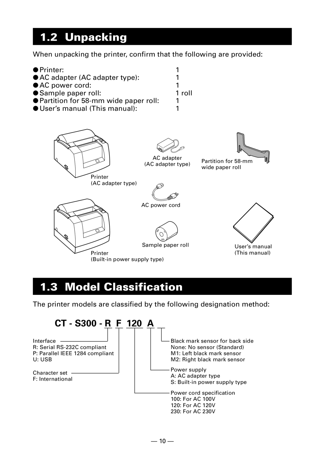 Citizen Systems CT-S300 user manual Unpacking, Model Classification 