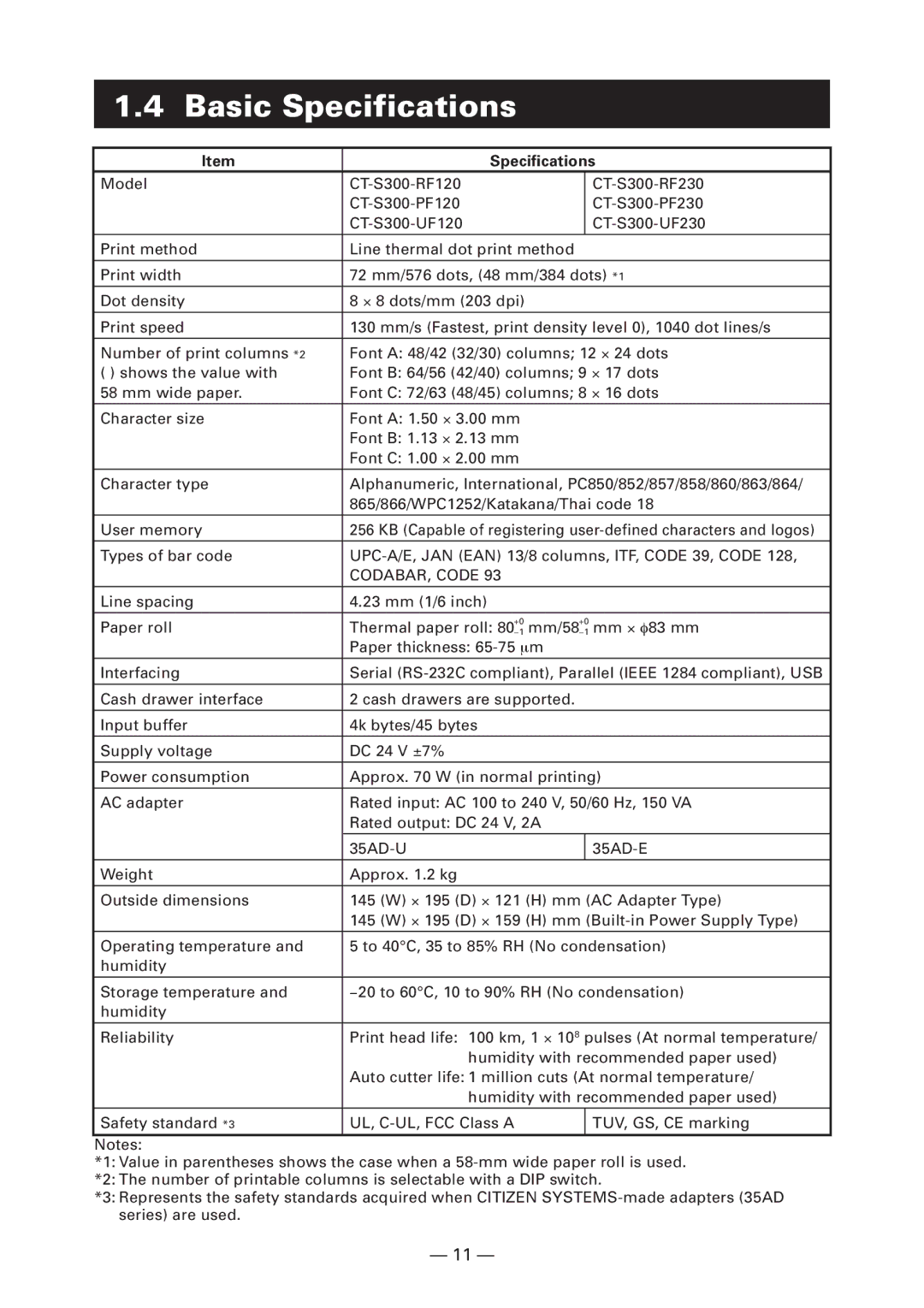 Citizen Systems CT-S300 user manual Basic Specifications 