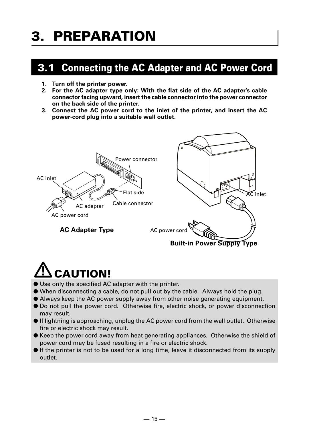 Citizen Systems CT-S300 user manual Preparation, Connecting the AC Adapter and AC Power Cord 