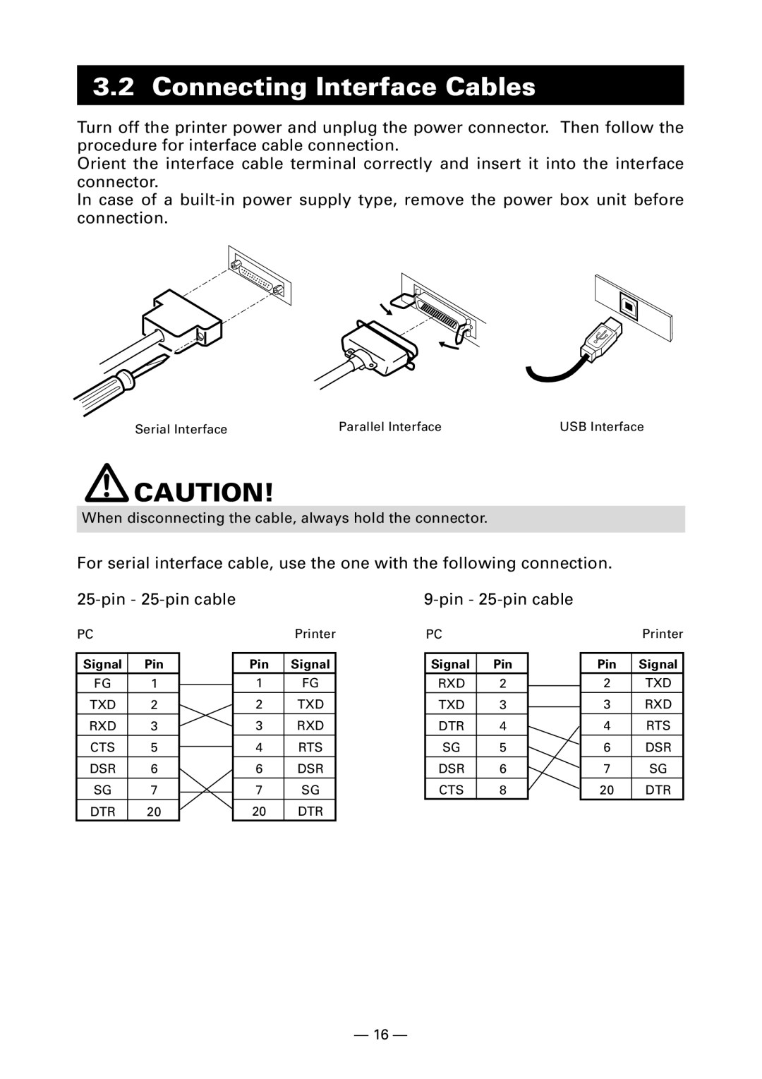 Citizen Systems CT-S300 user manual Connecting Interface Cables, Signal Pin, Pin Signal 