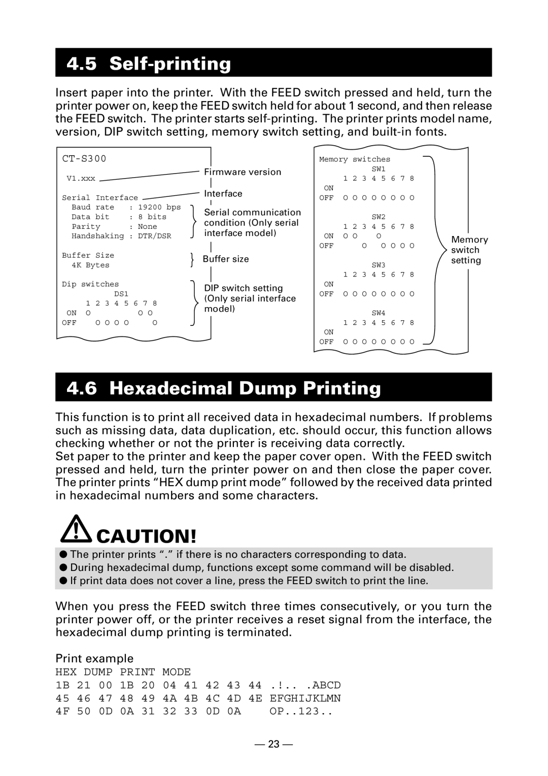 Citizen Systems CT-S300 user manual Self-printing, Hexadecimal Dump Printing 