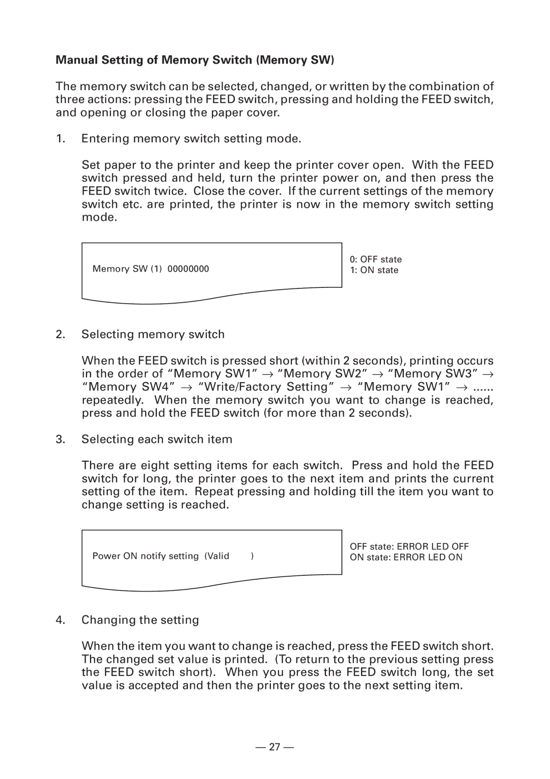 Citizen Systems CT-S300 user manual Manual Setting of Memory Switch Memory SW 