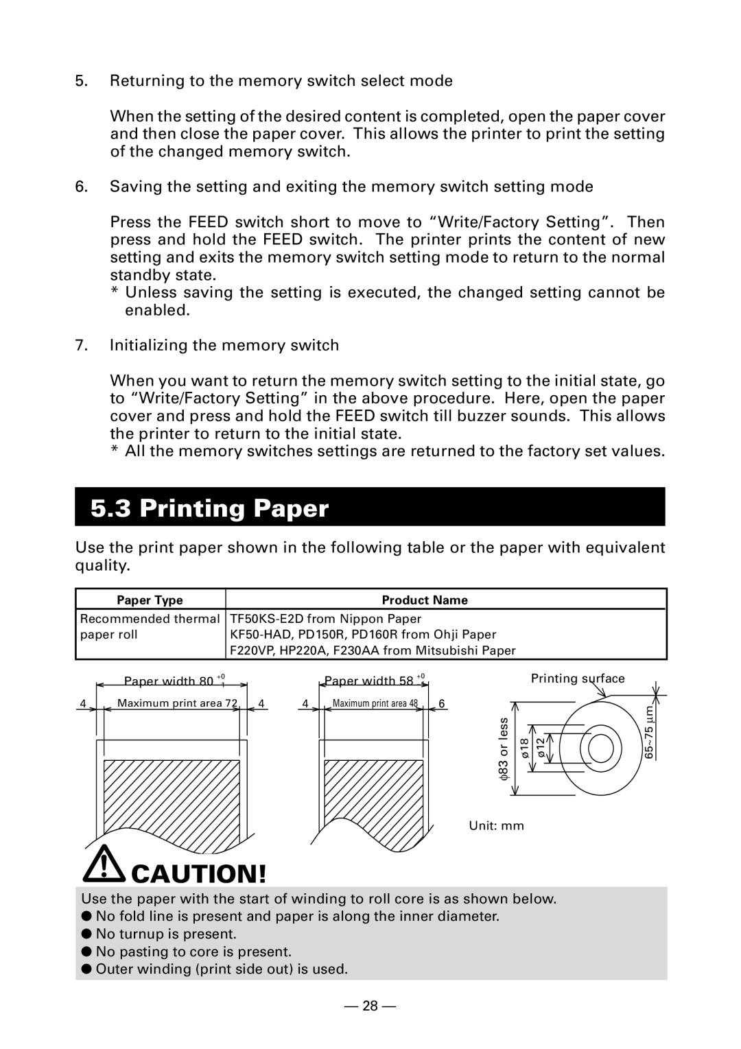 Citizen Systems CT-S300 user manual Printing Paper, Paper Type Product Name 