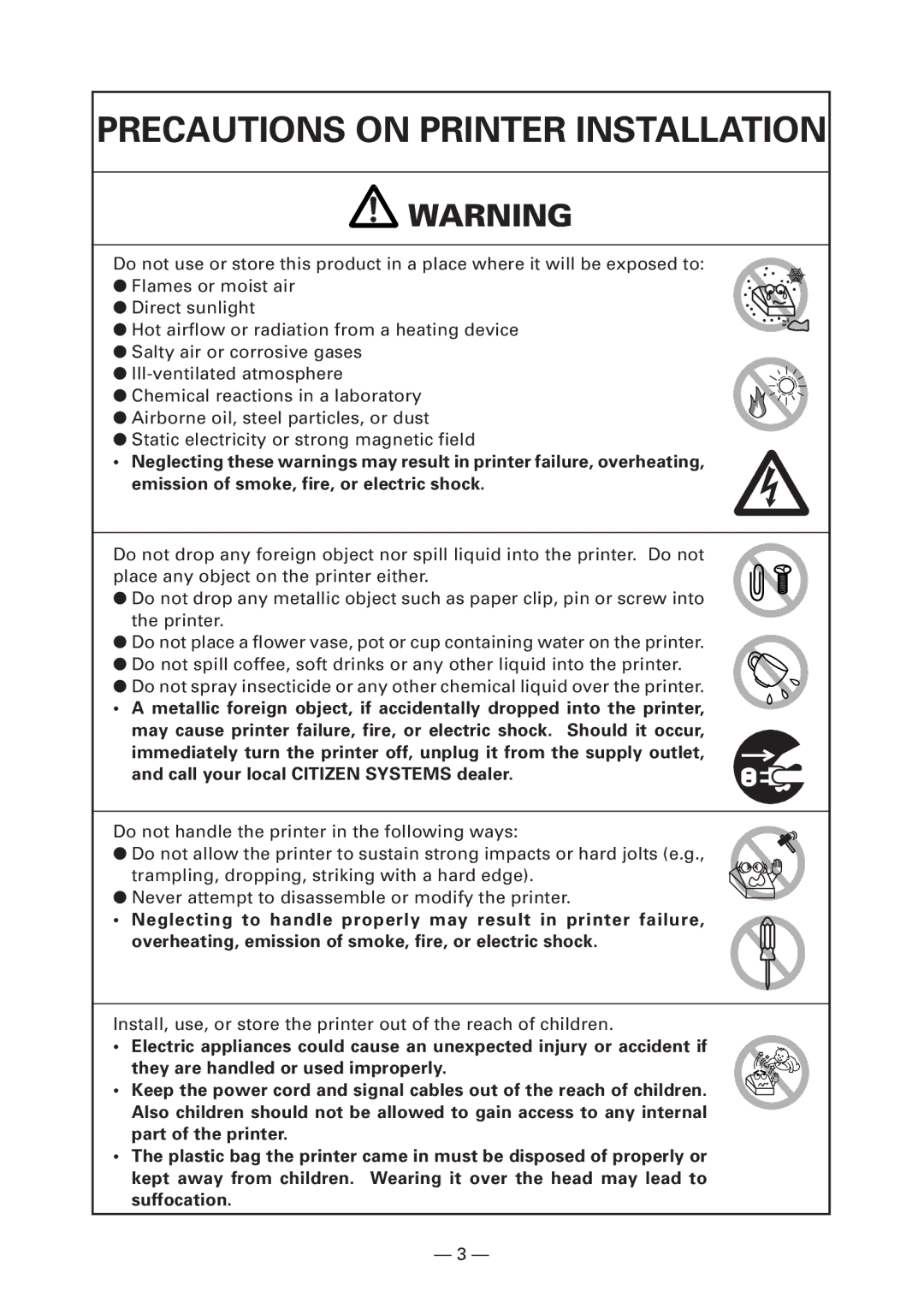 Citizen Systems CT-S300 user manual Precautions on Printer Installation 