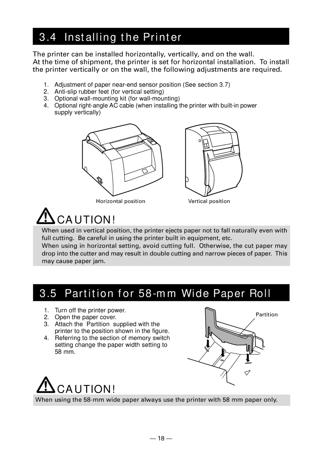 Citizen Systems CT-S300 Installing the Printer, Partition for 58-mm Wide Paper Roll, Turn off the printer power, 58 mm 