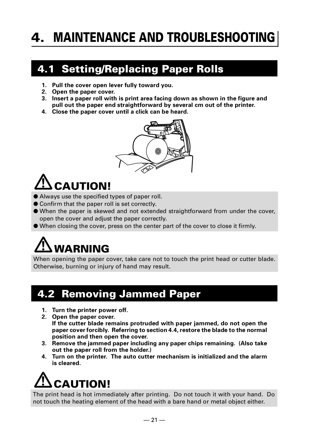 Citizen Systems CT-S300 user manual Setting/Replacing Paper Rolls, Removing Jammed Paper 