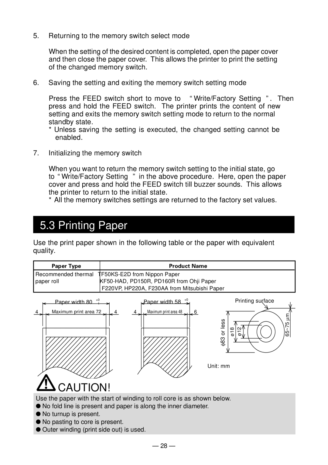 Citizen Systems CT-S300 user manual Printing Paper, Paper Type Product Name 