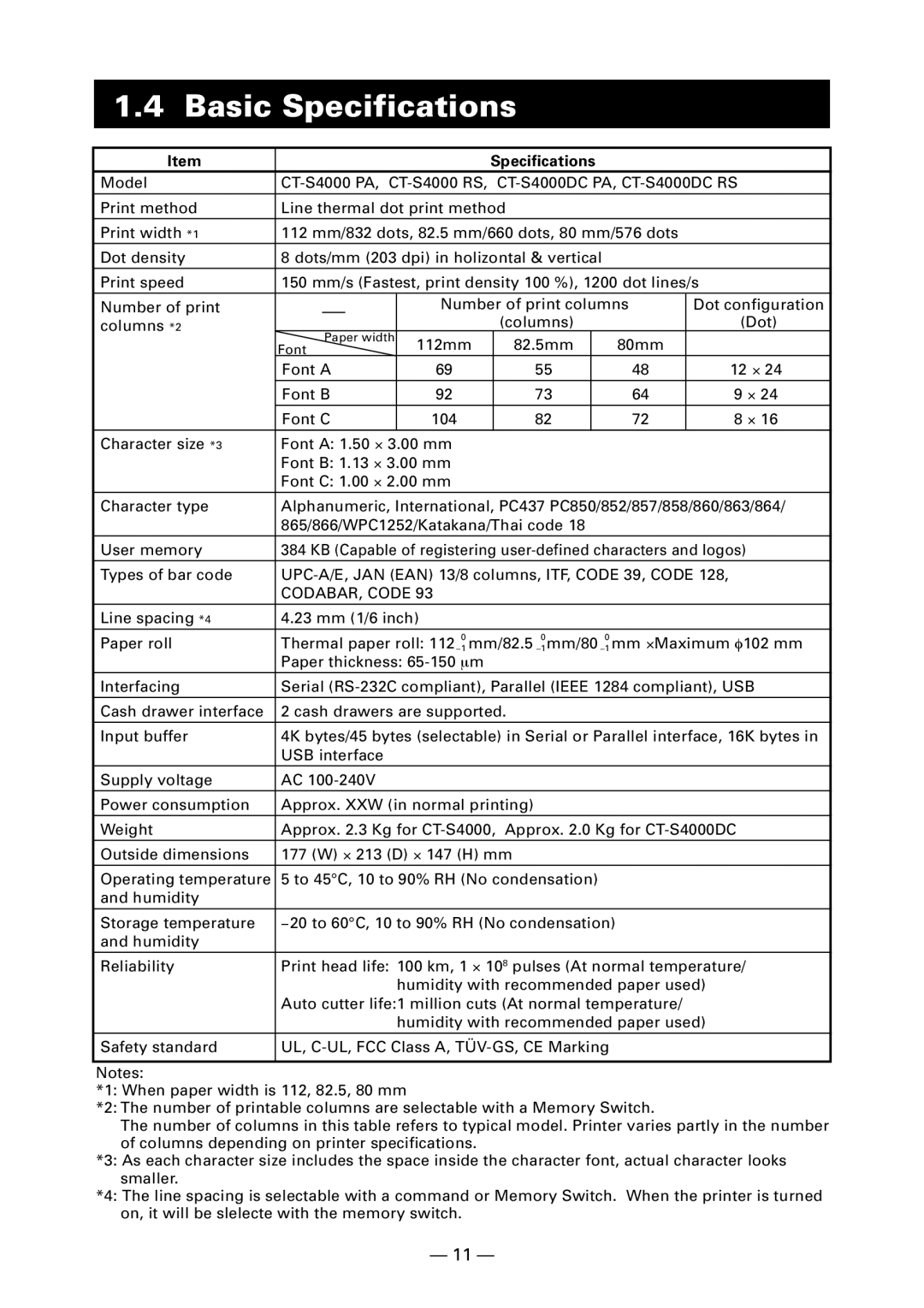 Citizen Systems CT-S4000DC user manual Basic Specifications 