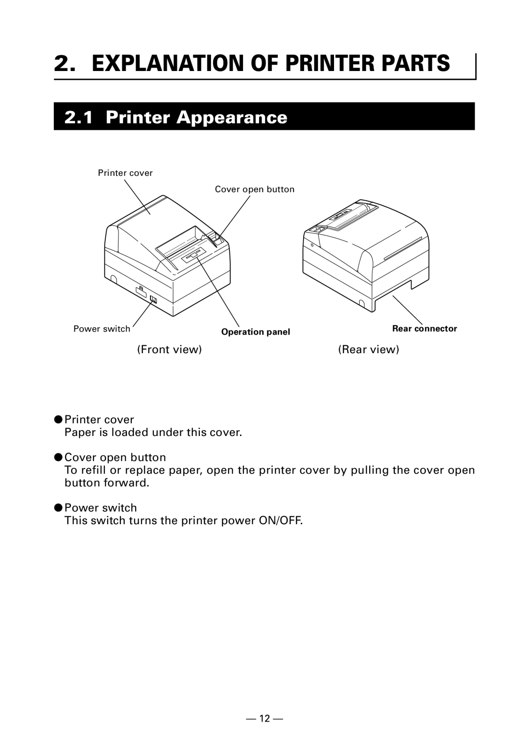 Citizen Systems CT-S4000DC user manual Explanation of Printer Parts, Printer Appearance, Operation panel 