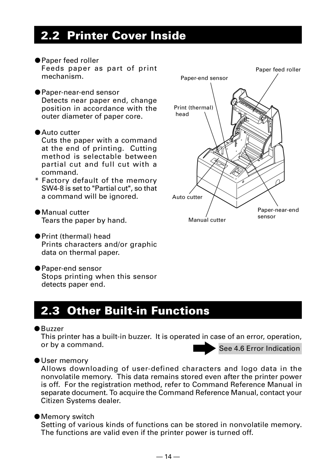 Citizen Systems CT-S4000DC user manual Printer Cover Inside, Other Built-in Functions 