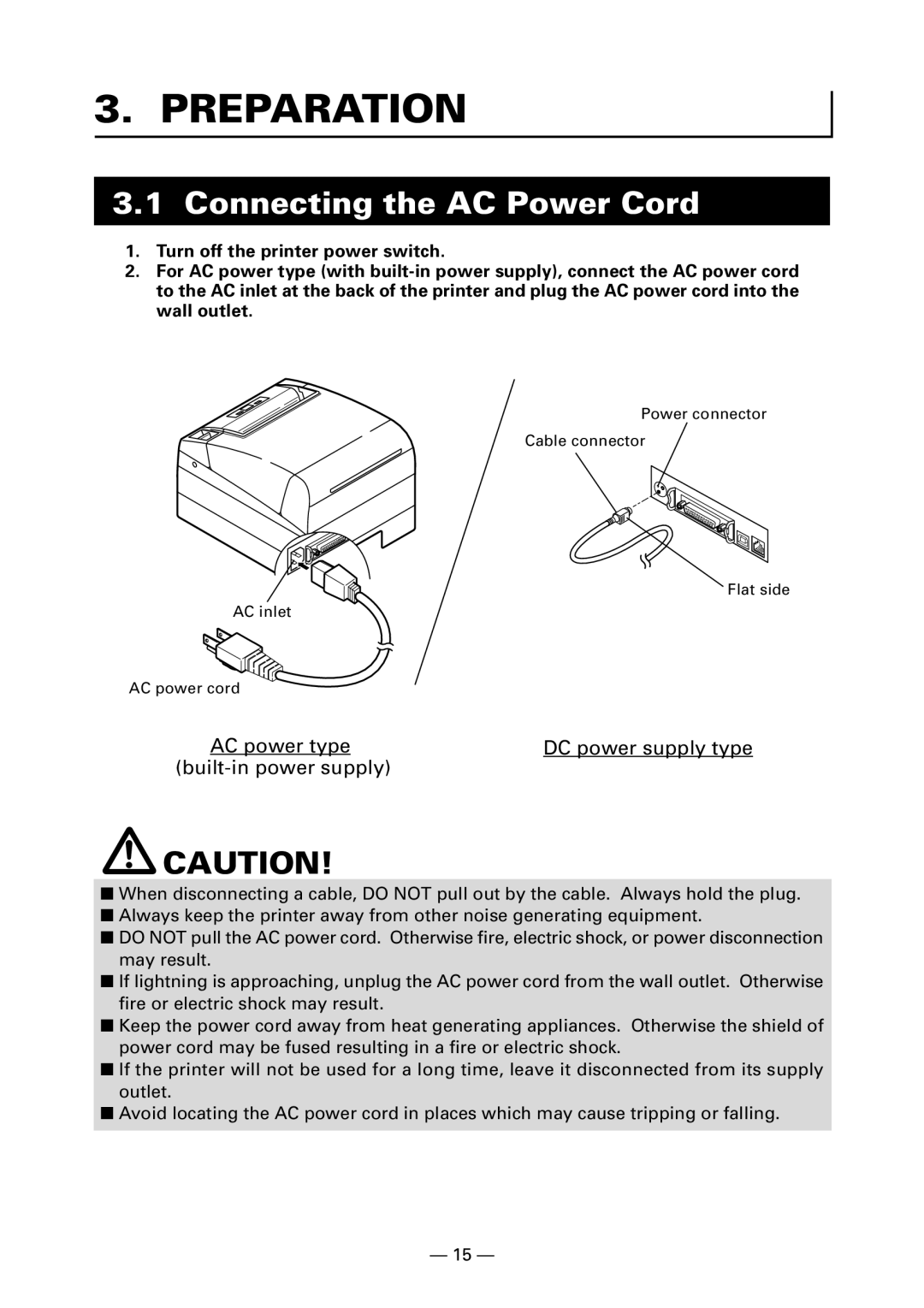 Citizen Systems CT-S4000DC user manual Preparation, Connecting the AC Power Cord 