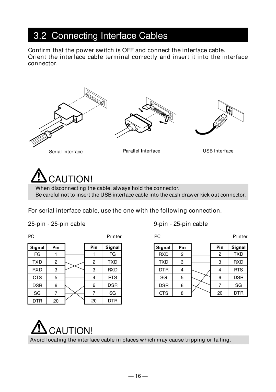 Citizen Systems CT-S4000DC user manual Connecting Interface Cables, Signal Pin, Pin Signal 