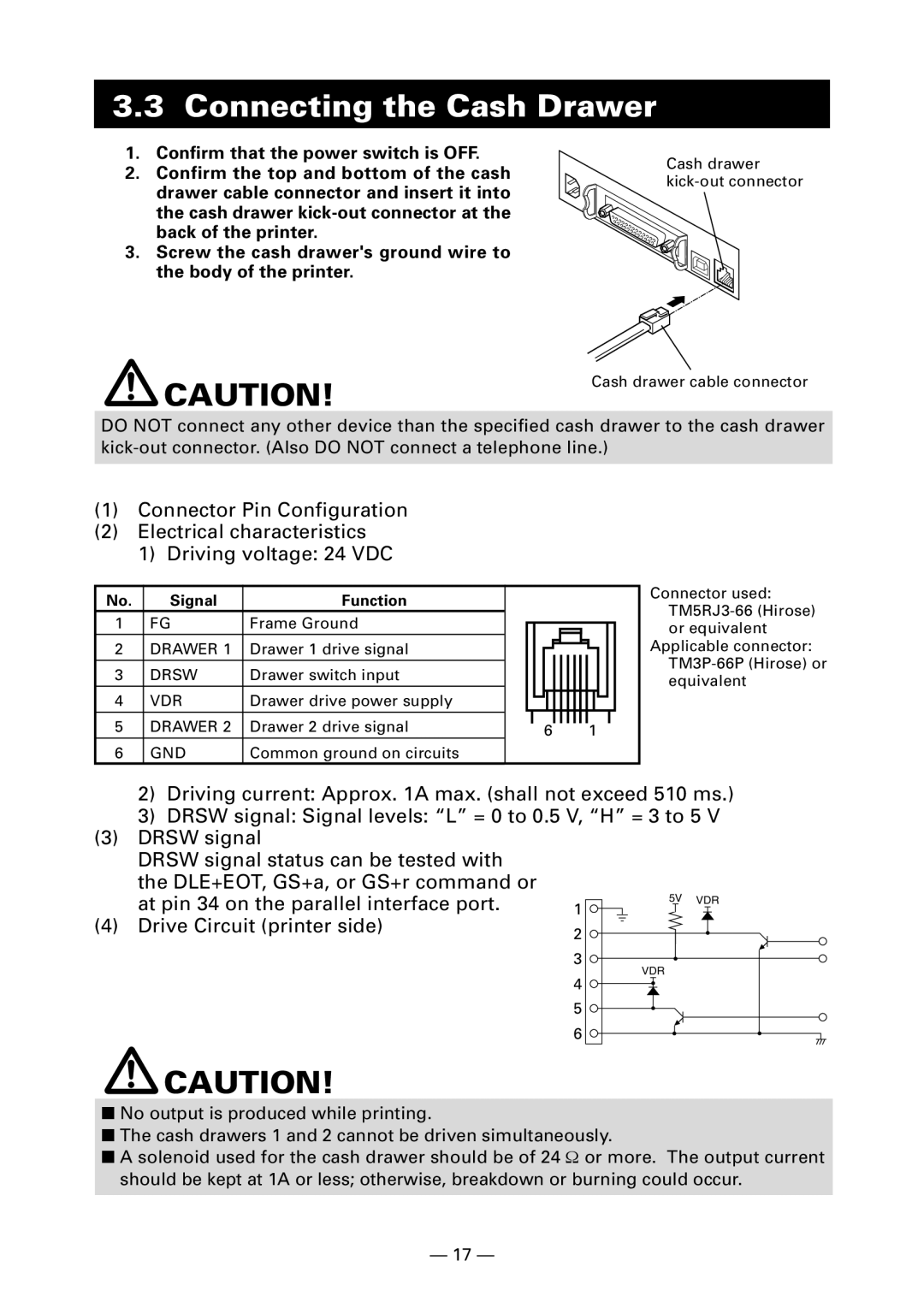 Citizen Systems CT-S4000DC user manual Connecting the Cash Drawer, Signal Function 